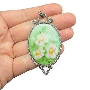 Vintage Hand Painted Floral Brooch Framed Cameo Green and pink flower Pendant